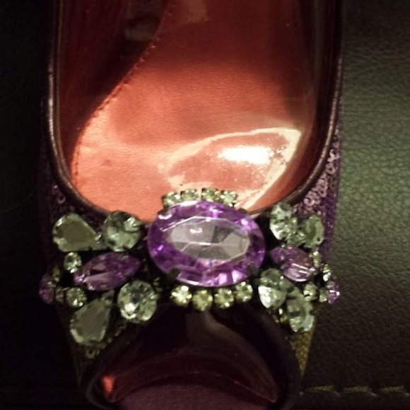 Nina Gold Purple Sequin Crystal Peep Toe Heels - Picture 9 of 9